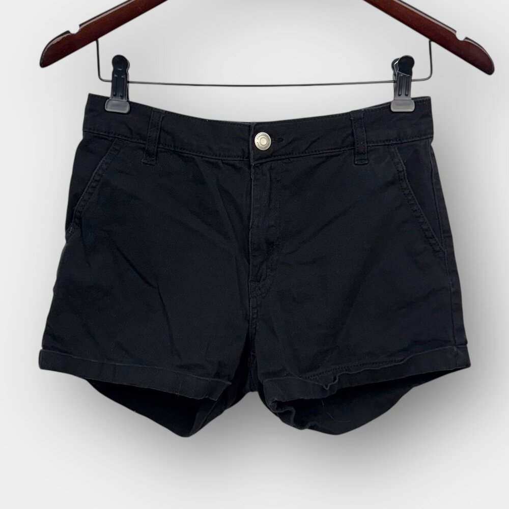 Aeropostale Women’s Chino Shorts S Black High Rise Midi Pockets Rolled Cuffs